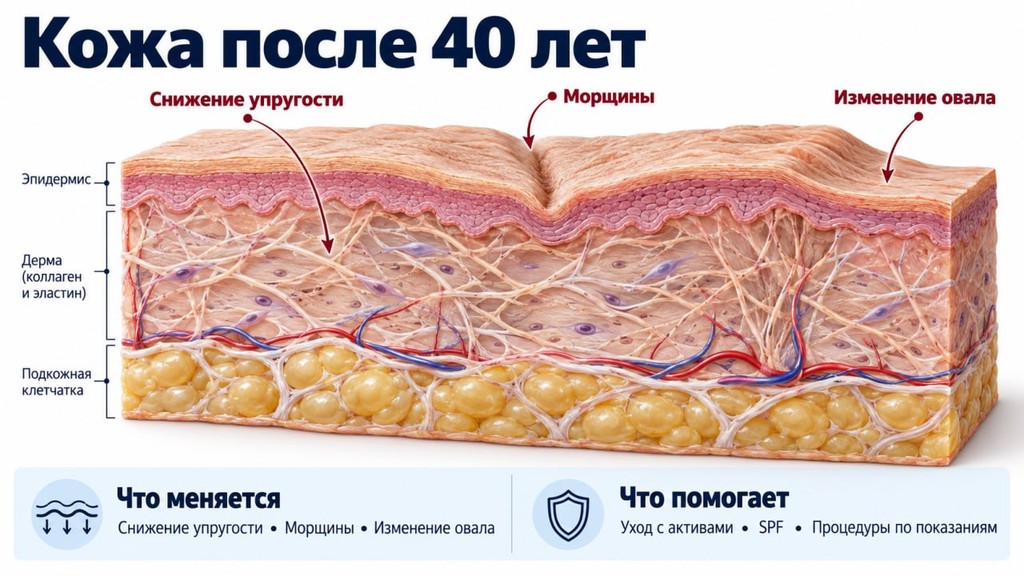 Кожа после 40 лет: что меняется — снижение упругости, морщины, изменение овала; что помогает — уход с активами, SPF, процедуры по показаниям