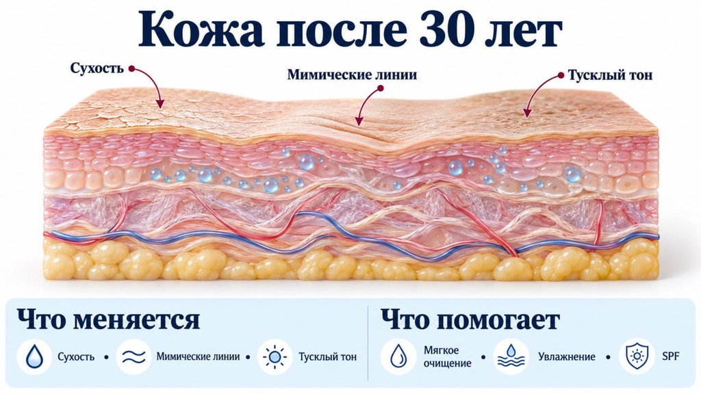 Кожа после 30 лет: что меняется — сухость, мимические линии, тусклый тон; что помогает — мягкое очищение, увлажнение, SPF