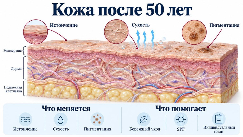 Кожа после 50 лет: что меняется — истончение, сухость, пигментация; что помогает — бережный уход, SPF, индивидуальный план